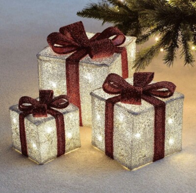 Deko farbiges Weihnachtspaket LED beleuchtet mit Schleife 3er Set Weihnachtsdeko