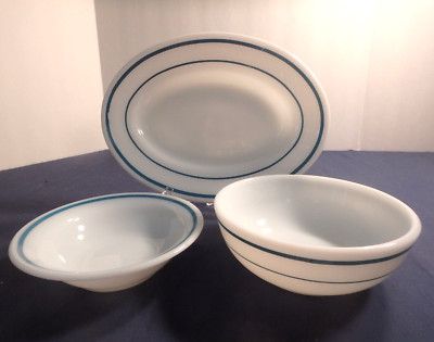 4pc Pyrex Anchor Hocking Bowl Platter Blue Teal Stripes USA Corning Decor