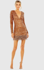 Mac Duggal 5928 V-Neck Long Sleeve Sequin Mini Fringe Dress Size 4 Copper FLAWS