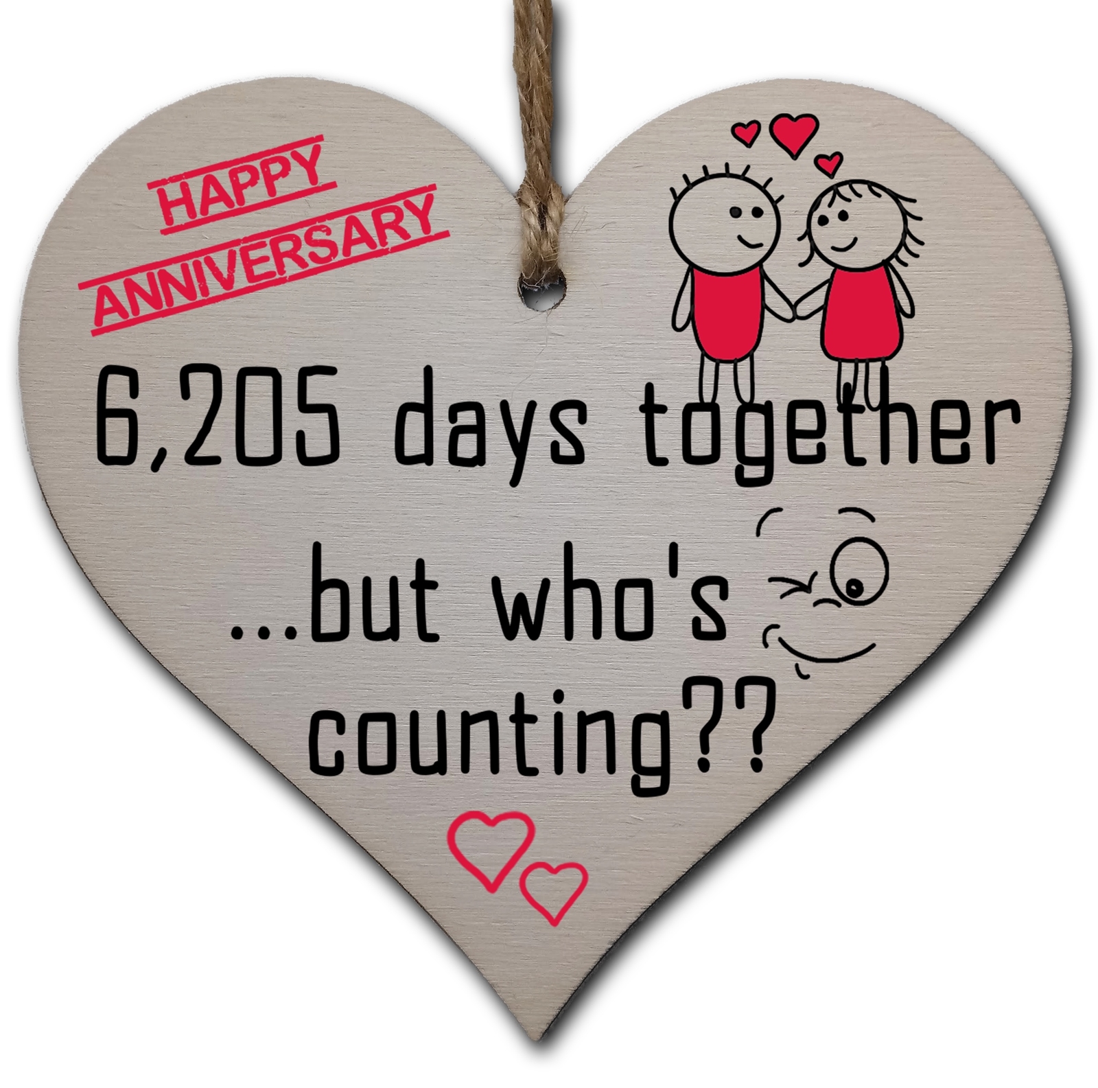 Handmade Wooden Hanging Heart Plaque Gift to Celebrate 17th Wedding Anniversary