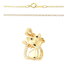 Collier - Femme - Pendentif - Chat - Blanc - Plaqué Or Jaune 585/1000 14K