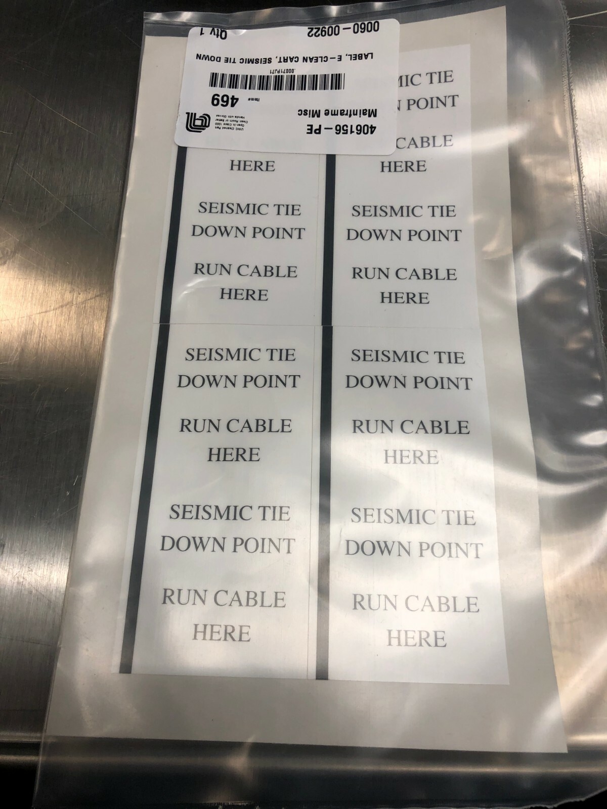 Applied Materials (AMAT) 0060-00922 LABEL, E-CLEAN CART, SEISMIC TIE ...