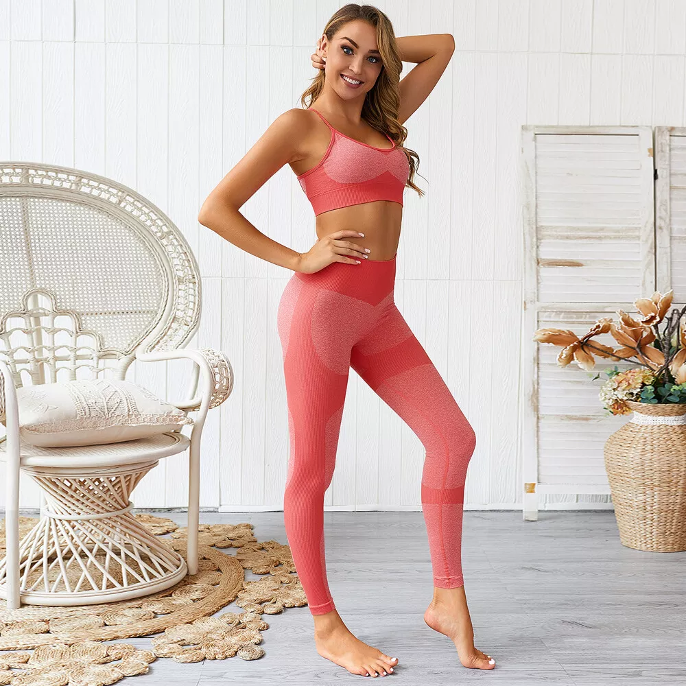 2Pcs Women's Sport Gym Yoga Vest Bra Sports Legging Pants Pink Outfit Wear  Set