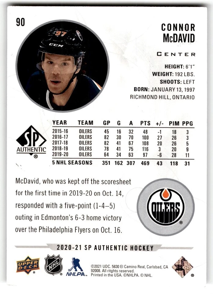 2020-21 SP Authentic Connor McDavid #90 Edmonton Oilers - Image 2 of 2