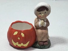 K’s Collection Ceramic Pilgrim Woman W/ Pumpkin Thanksgiving Candle Holder