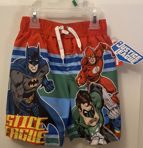 JUSTICE LEAGUE Boys Swim Trunks Shorts Net Lining SUPERMAN BATMAN FLASH Size 4 - Picture 1 of 11