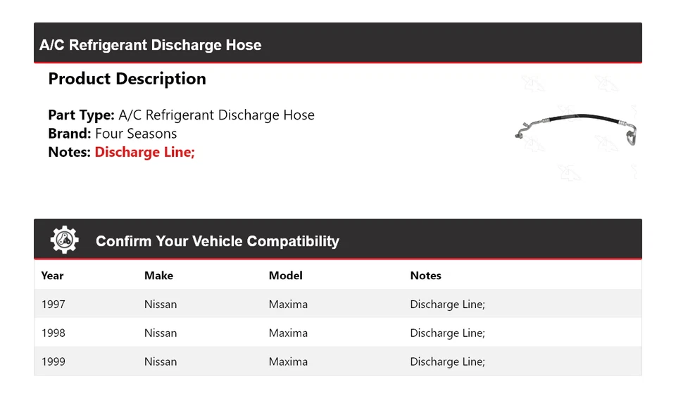 Manguera de descarga de refrigerante aire acondicionado Nissan Máxima 1997-1999 4 estaciones 1998 Foto 2 de 4