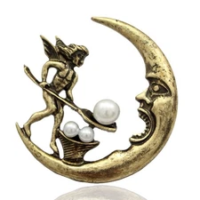 Vintage Golden Antique Tribal Angel Fairy Feeding Moon Cresent Simulated - Pearl