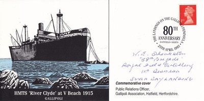 HMTS River Clyde at V Beach 1915 Gallipoli signiert W E Theakson WW1 Veteran