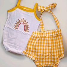 Baby 3pc Rainbow Bodysuit Gingham Shorts Bow ...