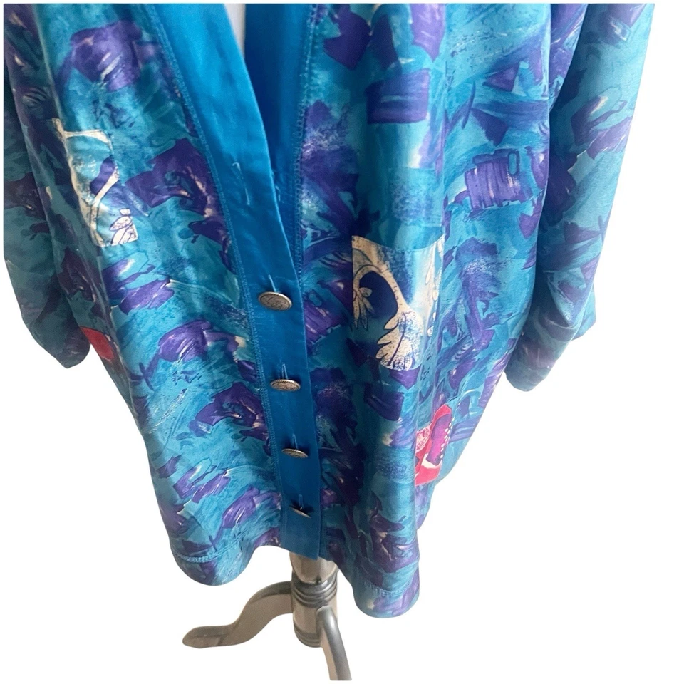 Carole Little Vintage 100% Seda Cárdigan Estilo Camisa para Dormir Azul Patchwork 14W Foto 3 de 4