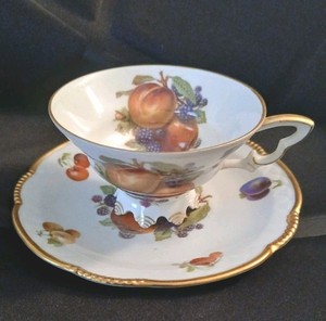 Vintage Mitterteich Tea Cup Saucer Bavaria Germany Gold Trim Fruit Design #62