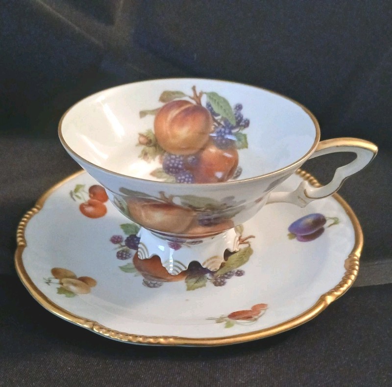 Vintage Mitterteich Tea Cup Saucer Bavaria Germany Gold Trim Fruit Design #62