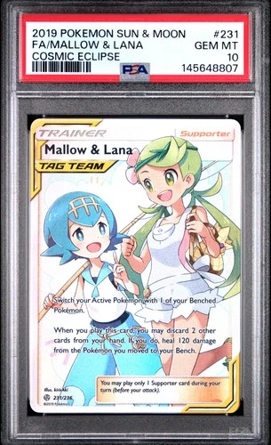 2019 POKEMON SUN & MOON COSMIC ECLIPSE #231 FULL ART/MALLOW & LANA PSA 10
