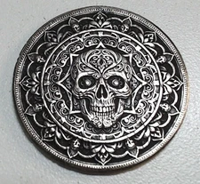 HOBO Sugar Skull Mandala Maya Made From A REAL Silver Mexican Un Peso SIGNED