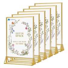6 Pack Acrylic Sign Holder 5 x 7 Inchs, Double Sided Gold Picture Frame Stand...