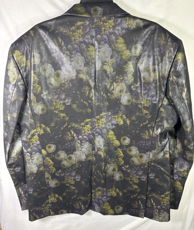 Angelino 男式花卉金属西装外套 46 黑色金色紫色缎面翻领 — 第 2/4 张图片
