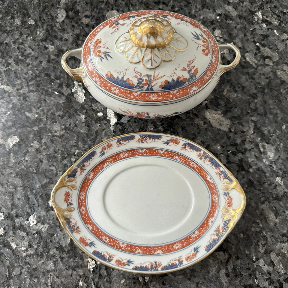 Plato de barco de salsa de salsa con tapa cubierta de porcelana Vista Alegre Imari con placa base Foto 3 de 4