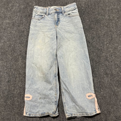 Abercrombie Kids Jeans Girls 7/8 Blue Denim High Rise Wide Leg Bow Ankle Slit