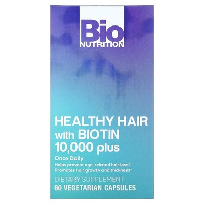 Bio Nutrition Healthy Hair with Biotin 10 000 Plus 60 Veggie Caps Dairy-Free ,