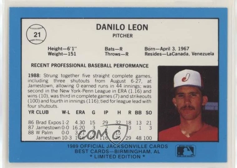 1989 Best Jacksonville Expos Platinum Danny Leon #21 - Image 2 of 2