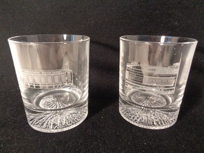 BOSTON GARDEN VINTAGE HEAVY WHISKEY ROCK TUMBLERS.SET OF 2.BEFORE AND AFTER.