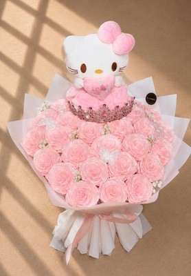 Hello Kitty Rosenstrauß Geschenkidee | 25 Rosen + Plüschtier | NEU