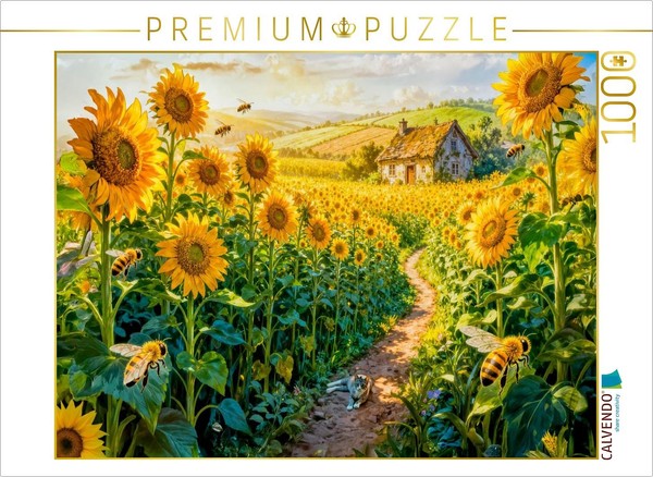 Puzzle Calvendo Cottage Dans Un Champ De Tournesols Avec Un Chat Sur Le Chemin |-image