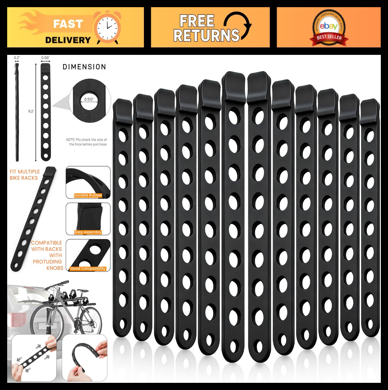 12 Rubber Bike Rack Straps - Wheel Stabilizer Tie Down for C