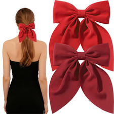2 PCS Wine Red Satin Bow Hair Clips, Large French Bow Alligator Hair Clips, Eleg