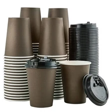 100 Count 12oz Brown Disposable Drinking Cups with Lids for Hot Beverages