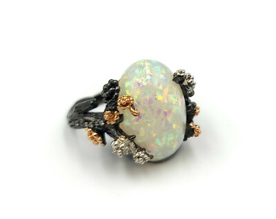 Simulierter Opal Sterlingsilber Zweig Boho Bio Ring Blätter Blumen 7,25