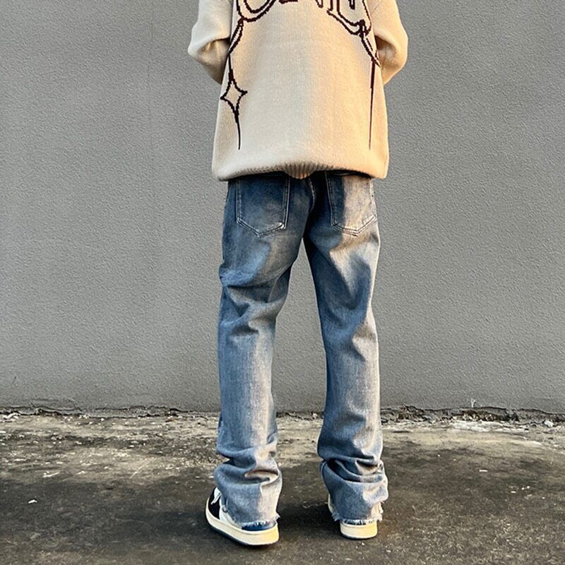 Men Patchwork Embroidery Casual Denim Pants Elastic Waist Men Patchwork Embroidery Casual Denim Pants Elastic Waist