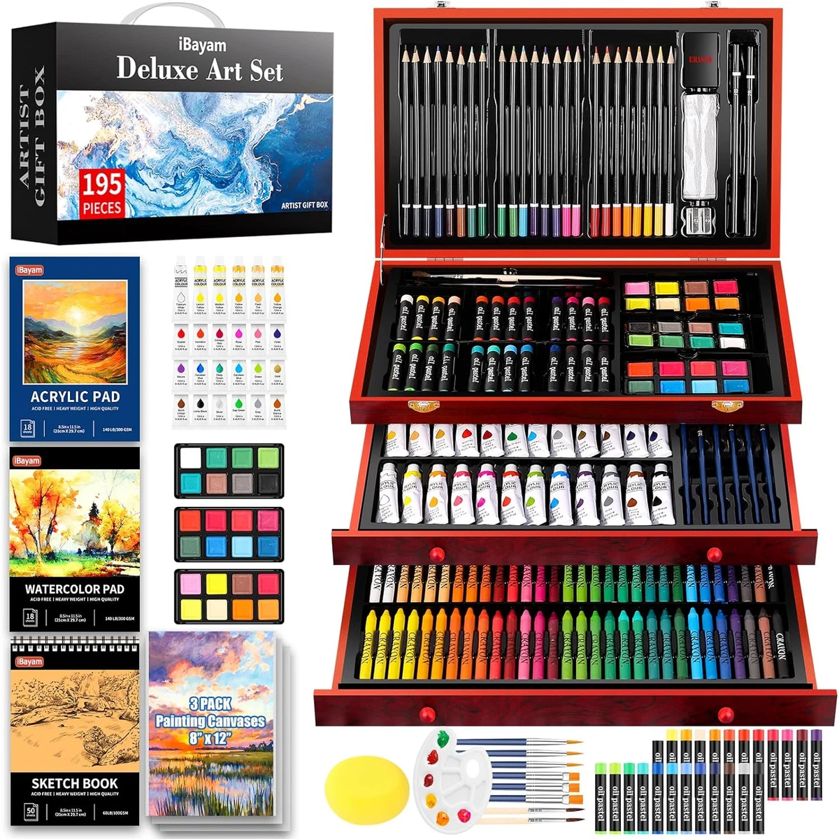 195 Piece Deluxe Art Set for Adults and Kids Acrylic Paint