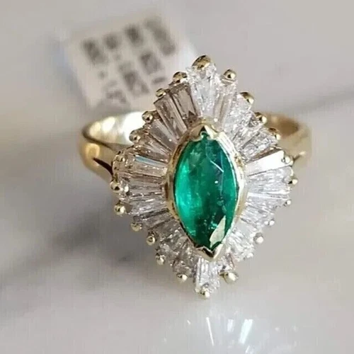 2Ct Marquise Cut Simulated Emerald Halo Engagement Ring 14K Yellow Gold Plated