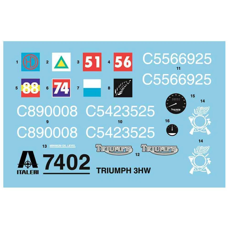 ITALERI 1:9 KIT MOTO MILITARE TRIUMPH 3HW   23,1 cm  DECALS PER 4 VERSIONI  7402 - Immagine 2 di 4