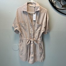 Ellison Beige Short Sleeve Button-Up Romper With Tie Waist & Pockets SizeS