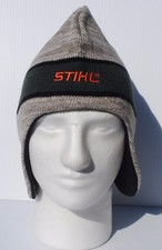 STIHL Beanie Hat with ear flaps Cap Grey / tan w green and orange