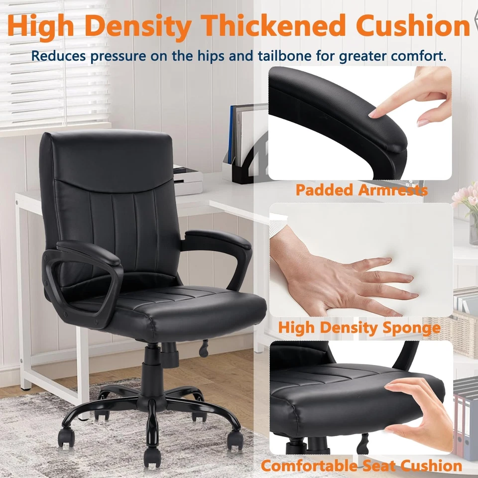 Mid Back Leather Office Executive Chair Lumbar Support Padded Black White Swivel - Image 3 of 4