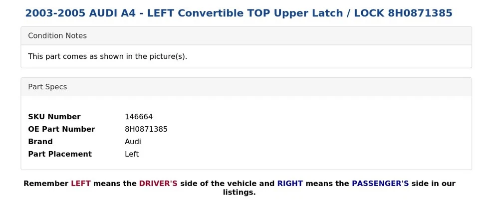 Audi A4 2003-2005 - izquierda convertible pestillo superior superior/bloqueo 8H0871385 Foto 3 de 4