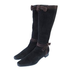 PRADA Ribbon Suede Square Toe Soft Long Boots Size 36 Dark Brown Women USED