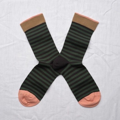 BONNE MAISON Socken Kurz Herren Streifen Schwarz/Grün CU301 Made IN France