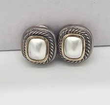 David Yurman Albion Sterling Silver 14K Gold Mabe Pearl Clasp Earrings 925/585