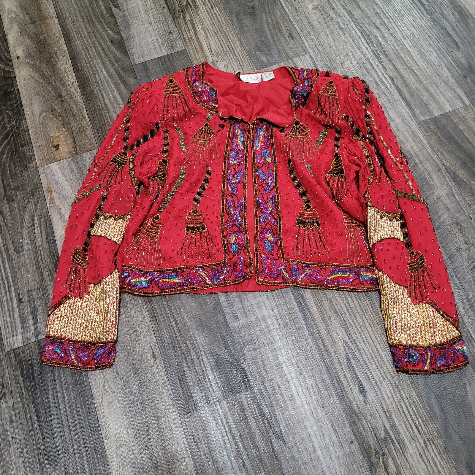 Vtg 80s 90s Laurence Kazar Silk Beaded Jacket Top Tassel Cord Evening Large