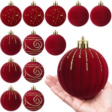 12 Pcs Large Velvet Christmas Ball Ornaments, 4 Inch Burgundy Flocked Christm...