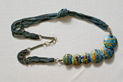 Boho Blue Patina Brass Chain Necklace Vintage Antiqued Verdigris Copper Beads
