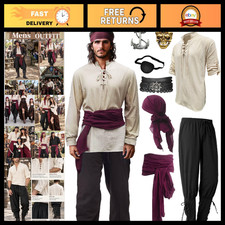 Men's Pirate Costume Renaissance Outfit - Lace-Up Shirt, Pants  Sash Set