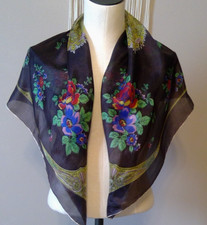 TWO Vintage 100 silk scarves red blue flowers, hand rolled in Japan 35" x 31"