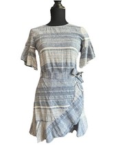 Express Blue & White Striped Wrap Dress XS – Short Flutter Sleeve Linen Blend