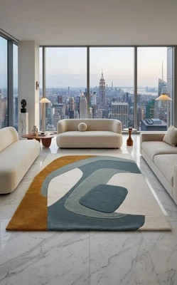 Hand-Tufted Wool Rug: Abstract Geometric Mid-Century Modern Ochre Teal Cream